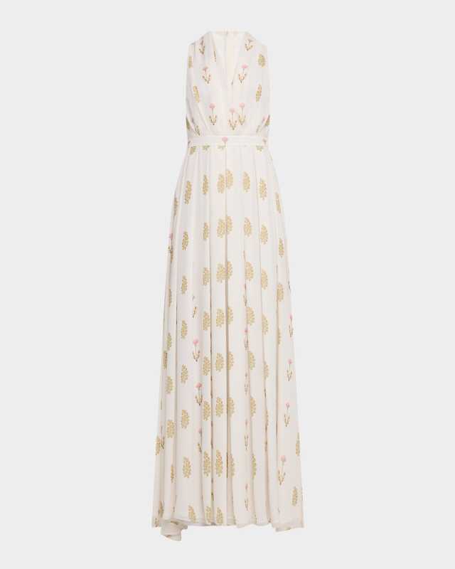Flower-Print Pleated Silk Sleeveless Midi Dress
